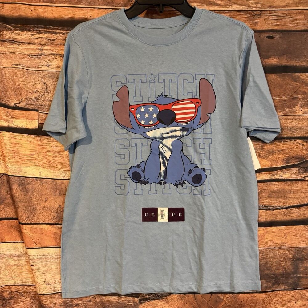 Disney Stitch Boys Shirt 2XL 18 Blue 4th of July Patriotic American Flag NWT